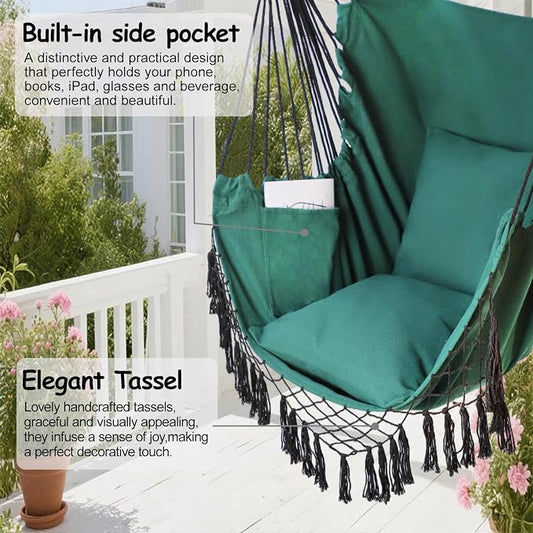 Hammock Chair Hanging Rope Swing Chair,Max 450 Lbs, Large Hanging Chair with Pocket, 2 Cushions, Removable Steel Bar, Hardware Kit Included, Superior Comfort for Indoor Outdoor (Dark Green)