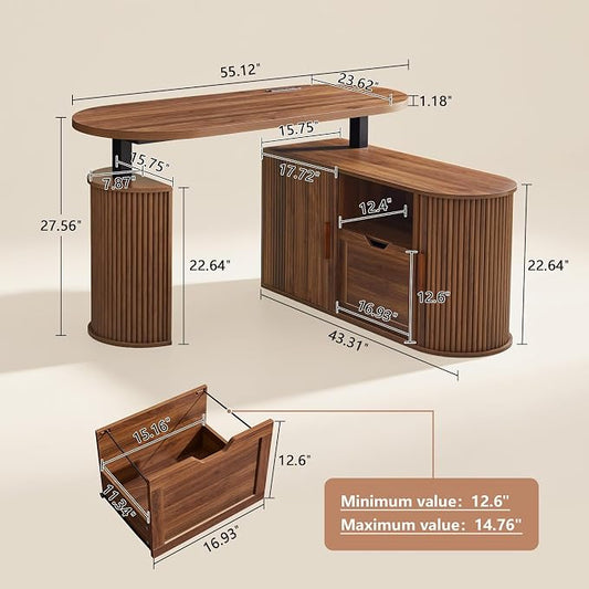 55" L Shaped Standing Desk with Storage, Oval Electric Desk Height Adjustable Executive Desk with File Drawer, Fluted Wood Desk Office Sit Stand up Desk for Work, Study, Writing, Walnut