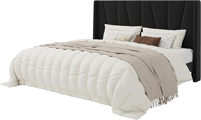 SHA CERLIN King Size Velvet Bed Frame with Geometric Wingback Headboard, Upholstered Platform Bed with Wooden Slats Support, 8" Under-Bed Space, No Box Spring Needed, Easy Assembly, Black
