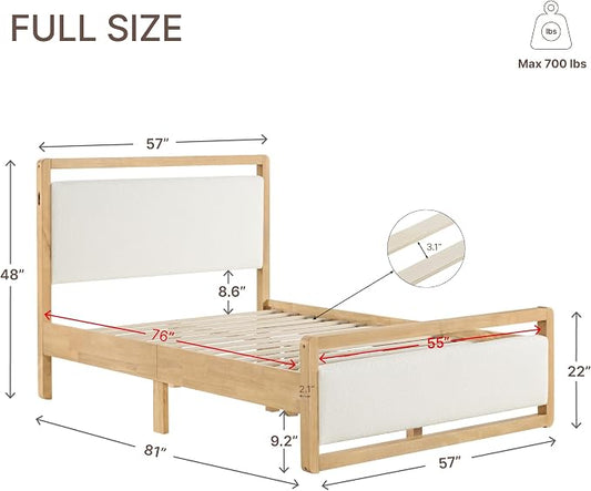 KISLOT Wood Bed Frame with Headboard and Footboard, Mattress Foundation with USB Charging Strong Wooden Slat Support Noise-Free Easy Assembly No Box Spring Needed
