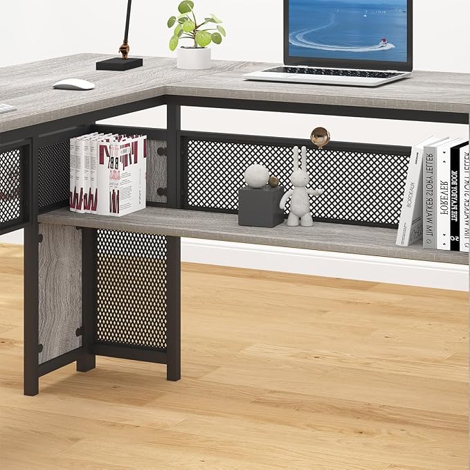 HSH Large L Shaped Desk with Storage File Cabinet,Corner L-Shaped Computer Desk with Drawers Shelves, Home Office Bedroom Metal Wood Study Writing Table Executive Workstation, Light Grey Oak, 59 Inch