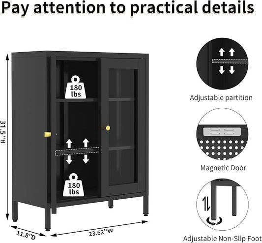 Metal Bathroom Glass Storage Cabinet with 2 Doors & Adjustable Shelves, 25" Black Multipurpose Office Cabinet for Dining Room, Kitchen