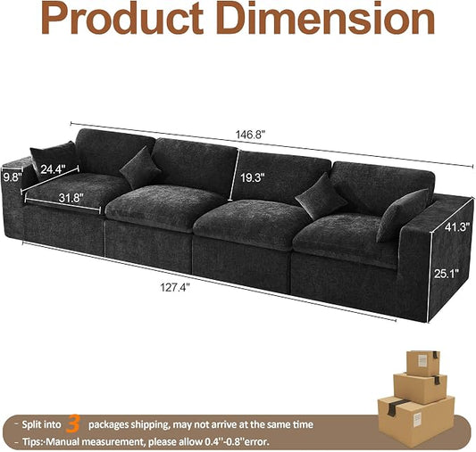 146''Cloud Boneless Sectional Couch, Modular Sectional Sofa Deep Seat, Oversized Upholstered Convertible Comfy 4 Seater Chenille Memory Foam Sofa Couches for Living Room, Dark