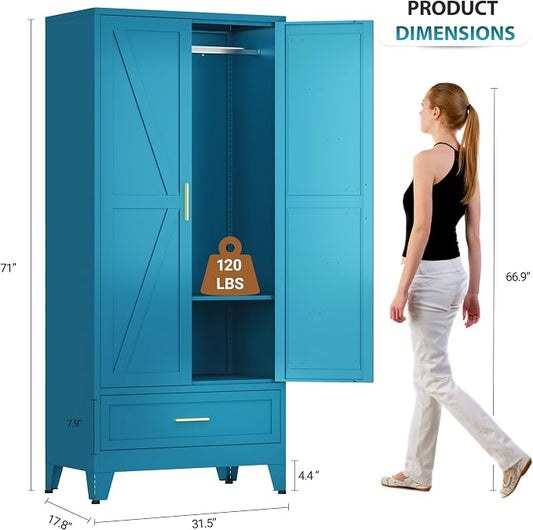 Metal Armoire Wardrobe Closet with Drawers, 71" Wardrobe Cabinet with Adjustable Shelves and Hanging Rod for Bedroom, Blue Metal Closet Storage Cabinet with 2 Doors & 1 Drawer