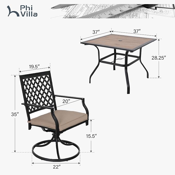 PHI VILLA 5 Pieces Outdoor Dining Set for 4, 37” Square Metal Steel Table with Polywood Tabletop & Swivel Wrought Iron Chairs with Cushions, Outside Furniture Set for Patio, Deck, Yard, Porch