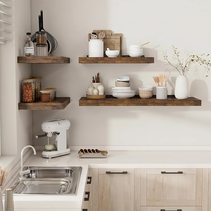Vivelove 12" Deep Floating Shelves 47.2" Long, Wall Shelves for Living Room Bedroom Bathroom Kitchen Laundry Room, Farmhouse Rustic Shelves for Home Decor, 47.2" X 12" X 2" Set of 2, Rustic Brown