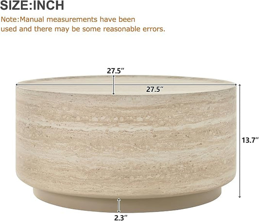 Merax 27.5" Round Coffee Table with Faux Luxury Marble Look, Drum Small Center Table with Strong Structure, Minimalist Mars Pattern End Table for Living Room, Bedroom, No Assembly Required, Beige