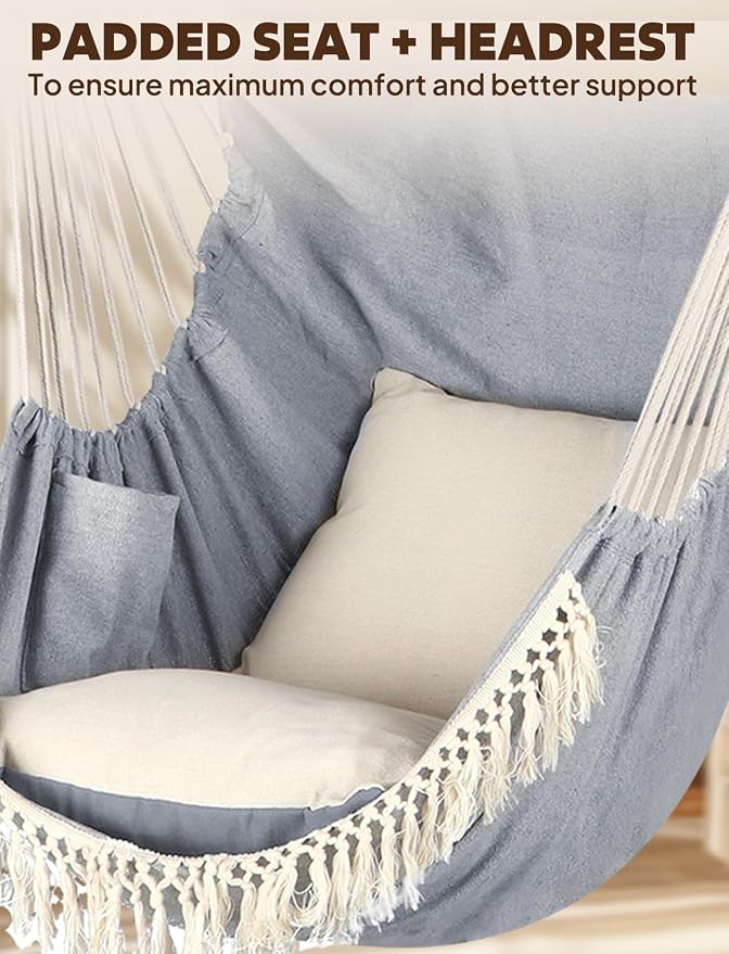 Chihee Hammock Chair Hanging Swing 2 Pillows Included,Strong Webbing Straps and Hooks for Easy Hanging Soft Cotton Hanging Chair Side Pocket Tassel Chair Comfort Indoor Outdoor Light Grey