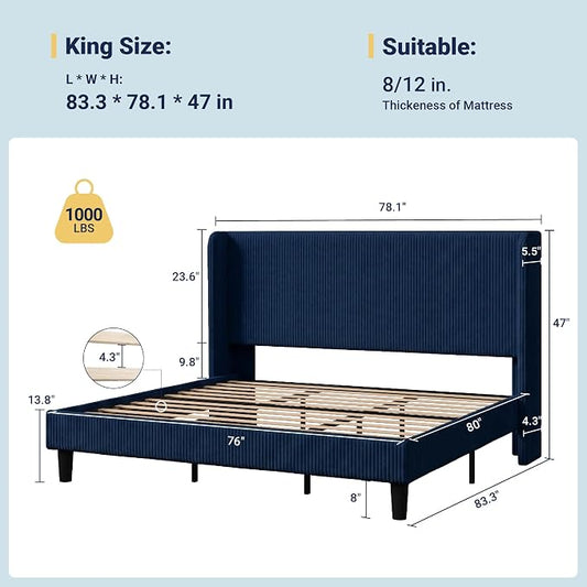 Allewie King Size Bed Frame with Upholstered Wingback Headboard, Vertical Channel Tufted Corduroy Velvet Platform Bed, Strong Wooden Slats Support, No Box Spring Needed, Easy Assembly, Dark Blue