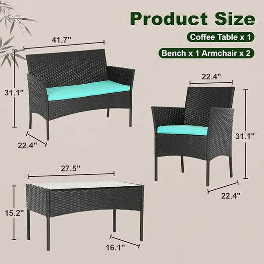 FDW | 4-Piece Patio Furniture Set | Blue | Outdoor Wicker Furniture with Coffee Table | Modern Rattan Chairs Conversation Set | Outdoor Seating | Weather-Resistant | for Porch, Garden, Lawn