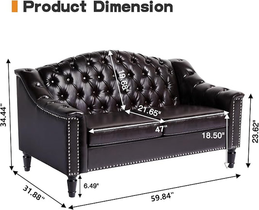 LEVNARY Chesterfield Loveseat Leather, Upholstered Sofa with Button-Tufted Back, Mid-Century Modern Sofa with Solid Wood Legs, 2 Seater Couches for Living Room (Brown)