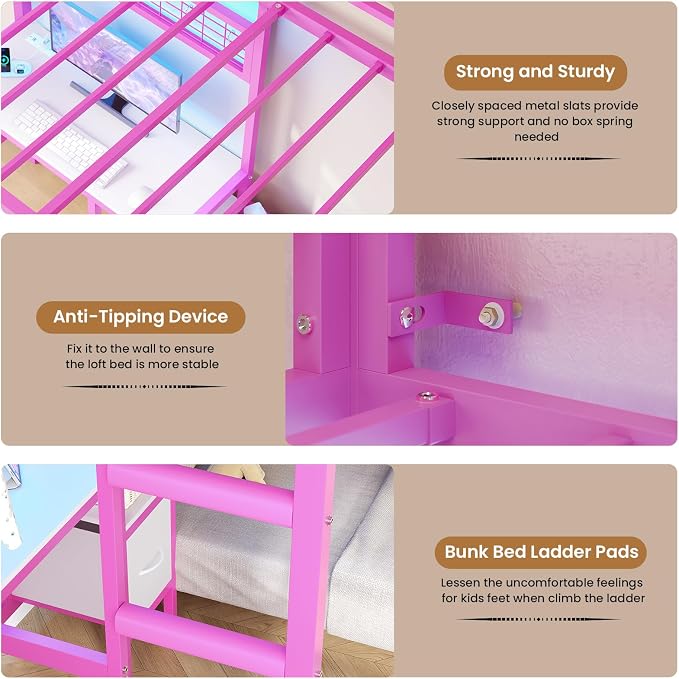 DICTAC Bunk Bed Twin Over Twin with Desk and Storage Metal L-Shaped Bunk Beds with Led Lights & Charging Station,Pink bunk Beds for Kids with Safety Guardrail and Ladder,Girls Bed,No Box Spring Needed