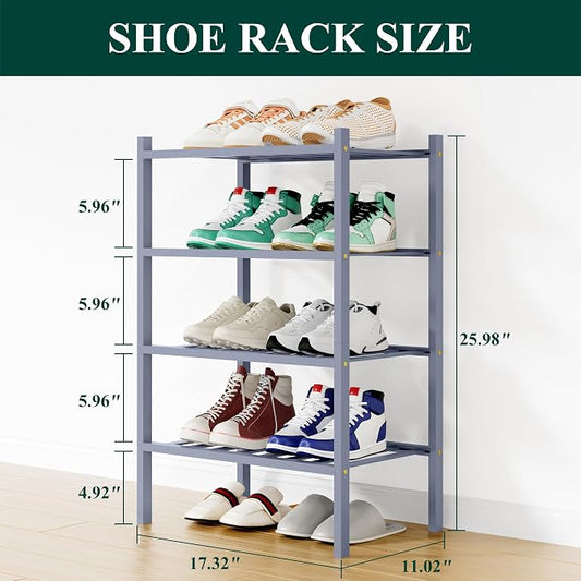 Smiry Small Bamboo Shoe Rack, 4 Tier Free Standing Wooden Shoe Organizer, Stackable Wood Shoe Storage Shelf for Closet, Entryway, 12 Vertical Slats, 2+2 Stack Standard Legs, 17.3"x11"x26", Grey