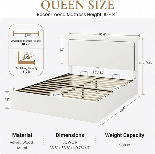 SHA CERLIN Queen Size Hydraulic Lift-Up Storage Platform Bed Frame with Charging Station, RGB LED Lights, Adjustable Velvet Headboard, USB-A and USB-C Ports, No Box Spring Needed, White