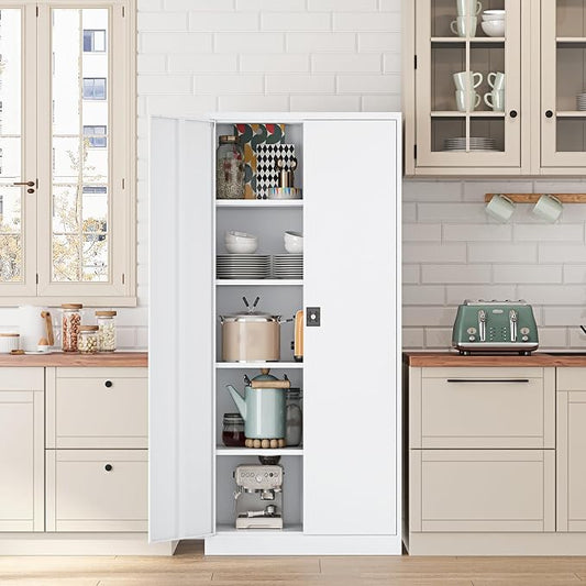 Fesbos Metal Storage Cabinet-71” Tall Steel File Cabinets with Lockable Doors and Adjustable Shelves-White Steel Storage Cabinet for Home,Kitchen, School, Office, Garage