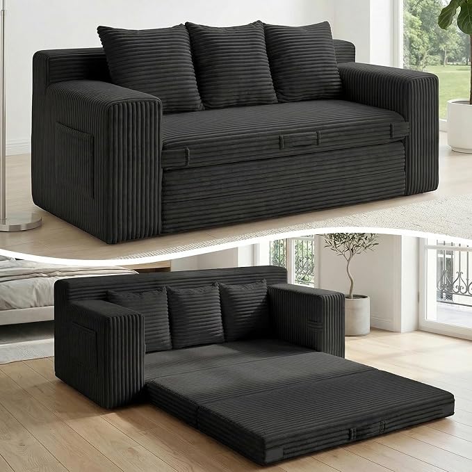 Boneless Couch Sofa Bed, 70'' Convertible Tri-Folding Futon Sleeper with Handle & Side Pockets, Pull Out Couch Bed with Hook and Loop No Assembly for Small Space,Living Room & Bedroom