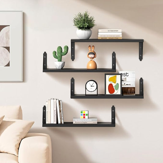 ROMGUAR CRAFT Wood Floating Shelves Set of 4, Rustic Storage Decor Wall Shelves, Wall Mounted Shelf for Living Room, Bedroom 17" x 6", Black