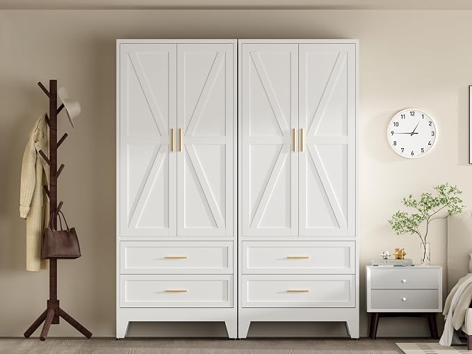 COFaR Metal Wardrobe Cabinet, 71 Farmhouse Armoire Wardrobe Closet with Rods, 2 Barn Doors, Adjustable Shelves, Steel with 2 Drawer Bedroom armoires, White