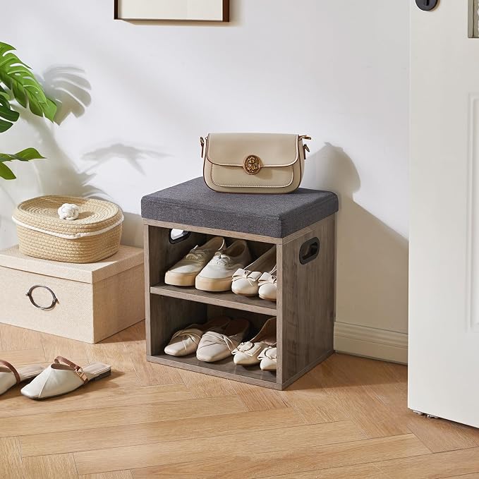 YMYNY Small Shoe Storage Bench with Cushion, 2 Tier Entryway Bench with Shoe Storage, Shoe Rack Bench for Entryway, Living Room, Hallway, Closet, Bedroom, 15.4L*11W*16.54H, Silver Gray UHBD028Y