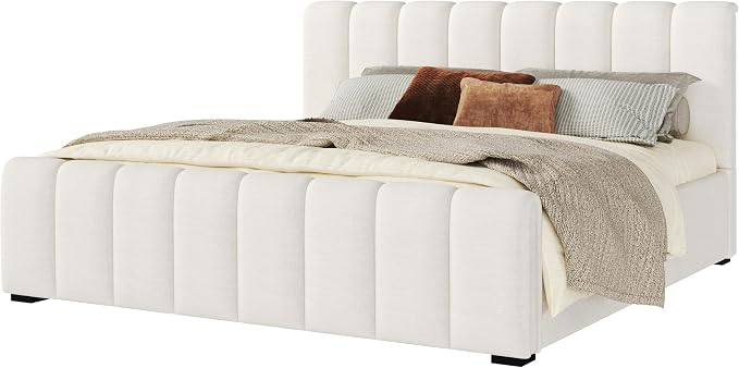 Merax King Size Upholstered Platform Bed with Thick Headboard and Footboard, Block Style Linen Fabric Bed Frame with Solid Wood Legs, Beige