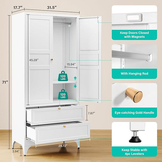 SISESOL Metal Wardrobe Cabinet with Drawer and Hanging Rod,Armoire Wardrobe Closet with Doors,White Metal Clothing Storage Cabinet with Adjustable Shelves,Armoire Storage Cabinets for Home,Bedroom