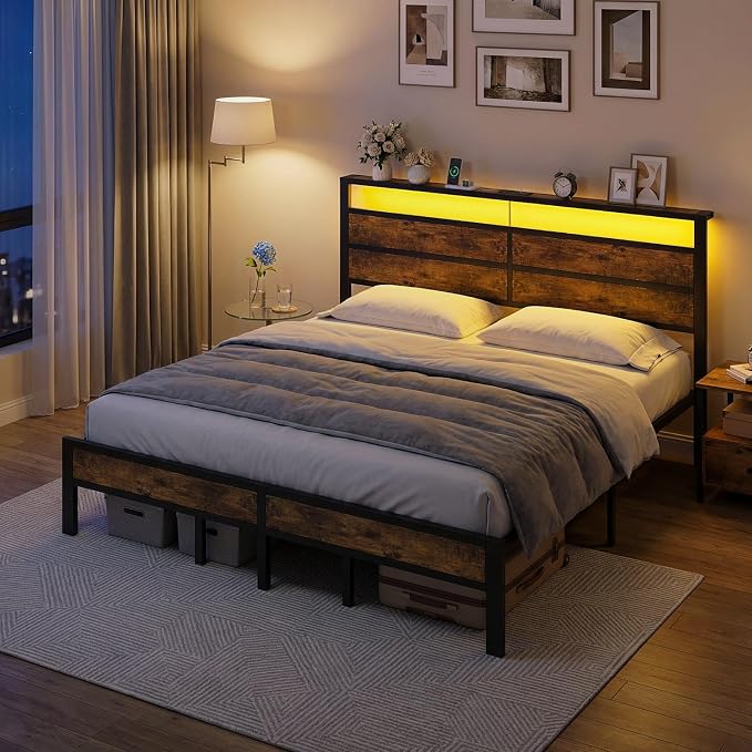 King Size Bed Frame with LED Lights & Charging Station, Brown Metal Platform Bed with Wood Headboard and Sturdy Slats, No Box Spring Needed