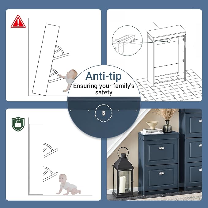 Haotian Slim Shoe Cabinet, Shoe Rack with Doors, Shoe Storage Cupboard Organizer Unit for Entryway 2 Flip-Drawers, Hallway and Bedroom Navy FSR78-B