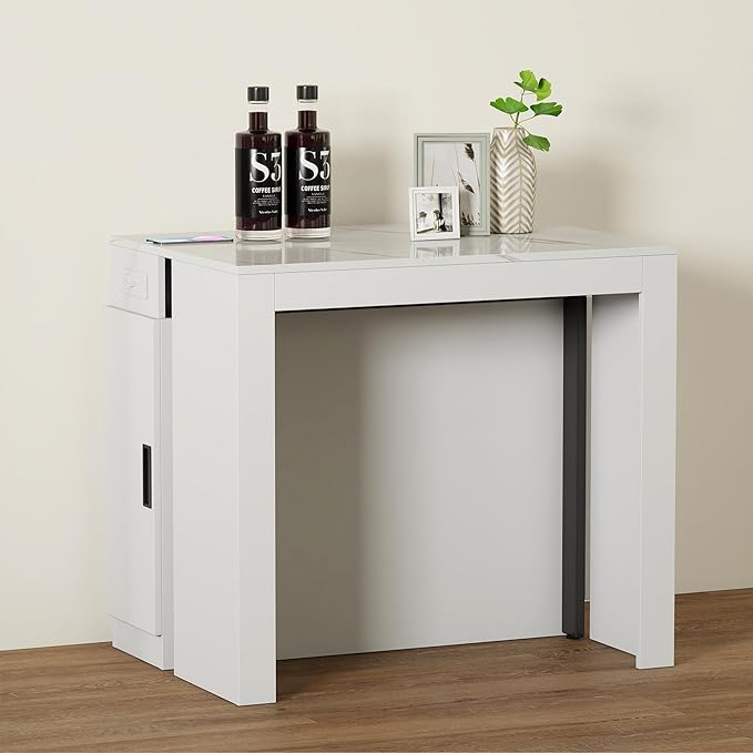 Expandable Transformer Dining Table, Folding Console Table with Built-in Outlet & Hidden Storage, Space Saving Furniture for Dining Room, White