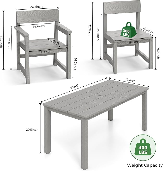 Jocoevol Patio Dining Sets 7 Piece HIPS Outdoor Dining Table Set with Umbrella Hole Table and 6 Chairs Furniture for Backyard Poolside Garden, Grey