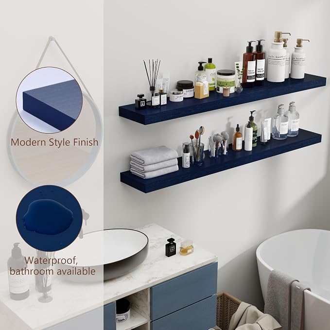 fuqing Dark Blue Floating Shelves 48 Inch, Solid Wooden Wall Shelves Set of 2, Rustic Floating Wall Shelves for Decor & Storage for Living Room Bedroom Bathroom