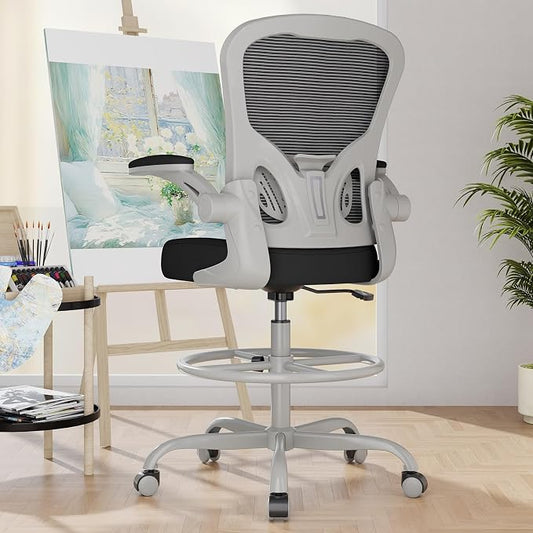 Synorla Ergonomic Drafting Chair, Tall Mesh Office Chair with Flip-up Armrests, Lumbar Support Adjustable Footrest Ring for Standing Desk Gray Pink