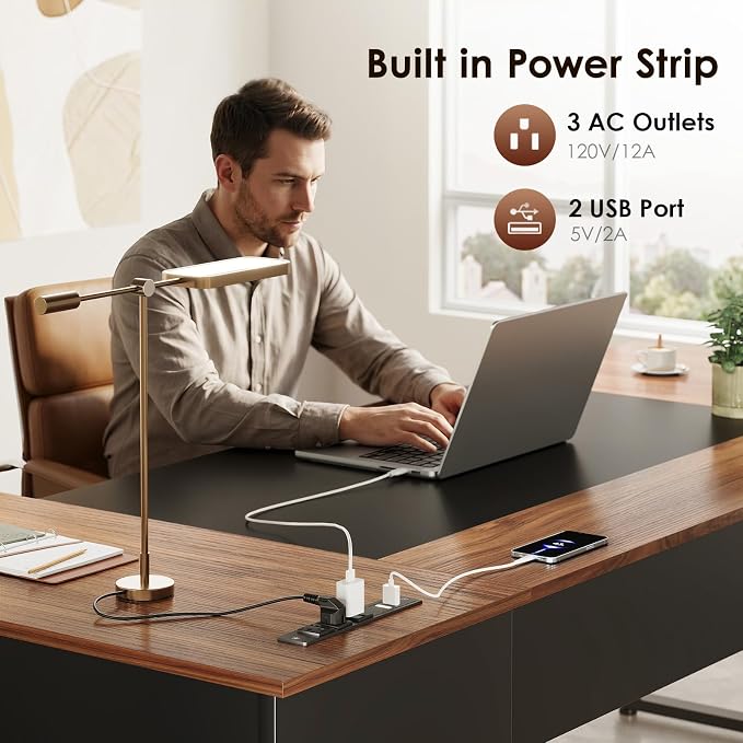 AODK 71 Inch L Shaped Executive Desk with Drawers and File Cabinet, Large Office Desk with Storage Shelves, Corner Computer Desk for Home Office, Walnut + Black