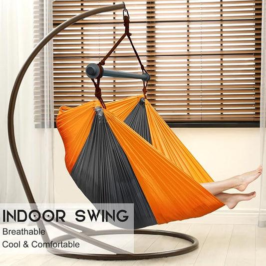 Hammock Chair, Portable Large Hanging Rope Swing, Lightweight Nylon Parachute, Max 500 Lbs, Detachable Metal Support Bar Hammock Chair Swing for Outdoor, Indoor, Bedroom (Orange, Dark Gray)