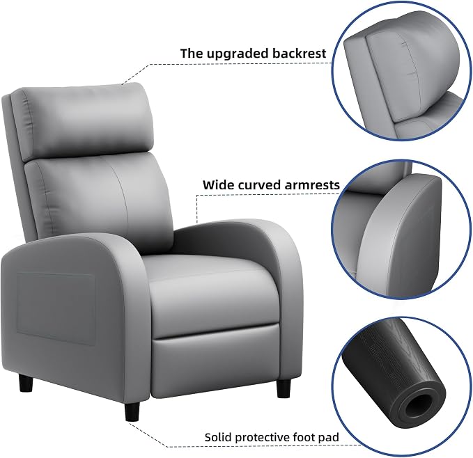 JUMMICO Recliner Chair Adjustable Home Theater Single Recliner Sofa Furniture with Thick Seat Cushion and Backrest Modern Living Room Recliners (Leather, Grey)