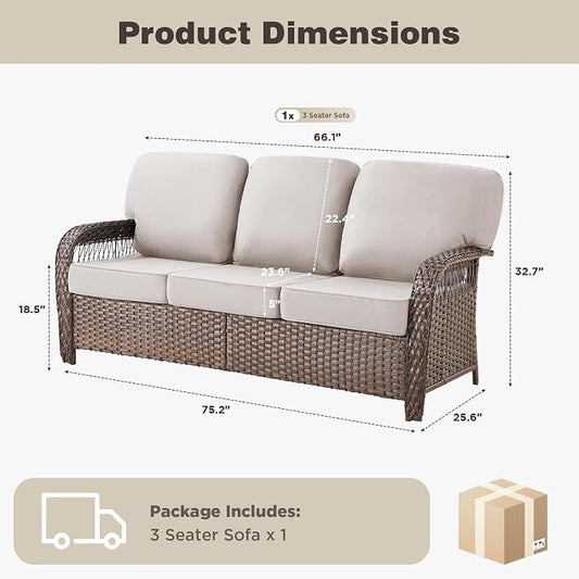 Belord Luxury Outdoor High Back Couch, All-Weather Wicker 3-Seater Sofa, Wicker Patio Furniture for Deck Porch Garden,Beige