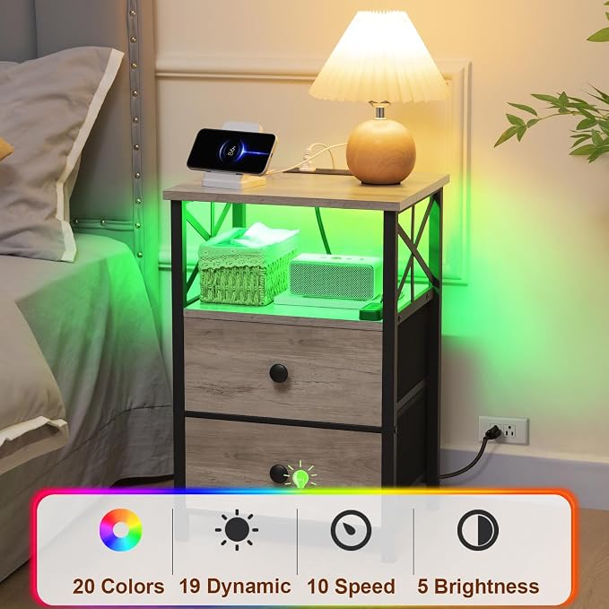 AMHANCIBLE Nightstands Set of 2 with Charging Station, LED Night Stand with 2 Storage Drawers, End Tables with USB Ports and Outlets, Modern Bedside Tables for Bedroom, Grey, HET052LGY