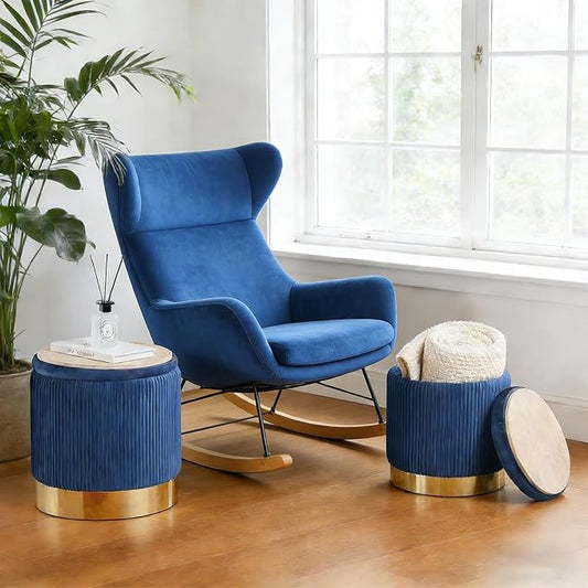 Blue Round Ottoman with Storage Set of 2 Upholstered Velvet Vanity Stool for Living Room Small Ottoman Coffee Table with Removable Lid Foot Stool for Living Room, Bedroom, Hallway, Assembly Free