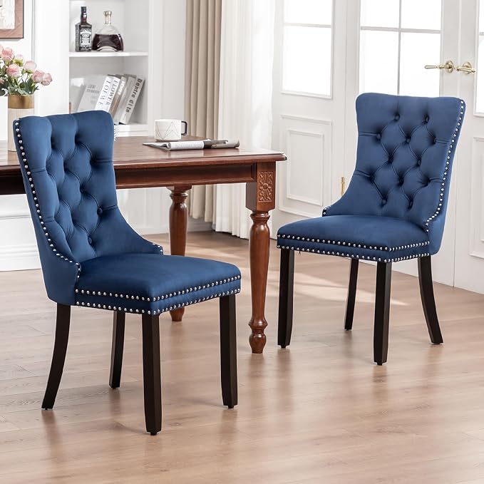 Mid Century Modern Dining Chair Set of 2 Velvet Upholstered Dining Accent Chair Farmhouse Dining Chairs with High Back and Nailhead Trim for Kitchen, Living Room, Bedroom (Blue)