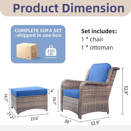 2 Pieces Patio Wicker Furniture Set, High Back Wicker Patio Chair Set with Ottoman, Outdoor Porch Chair with Thick Cushion for Balcony Deck Yard and Porch, Blue