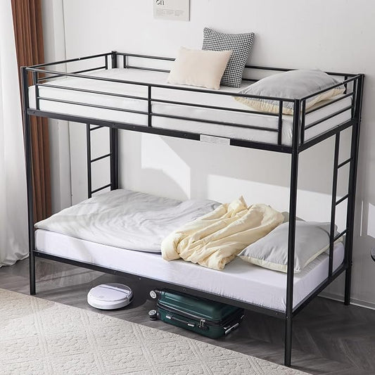 Karl home Bunk Bed Twin Over Twin Metal Bunk Bed with Trundle, 3-in-1 Triple Bunk Beds for Kids Teens & Adults, Safety Guard Rails, 2 Side Ladders, Black