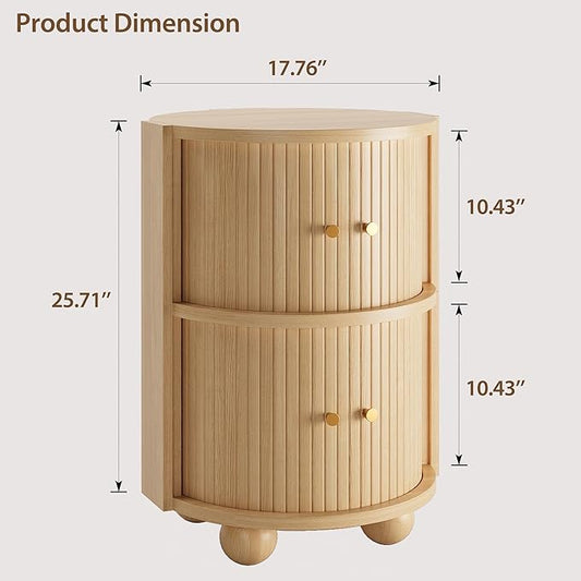 Round Nightstand with Sliding Doors and 2 Storage Shelves, Modern Bedside End Table, Suitable for the Bedroom (Oak)
