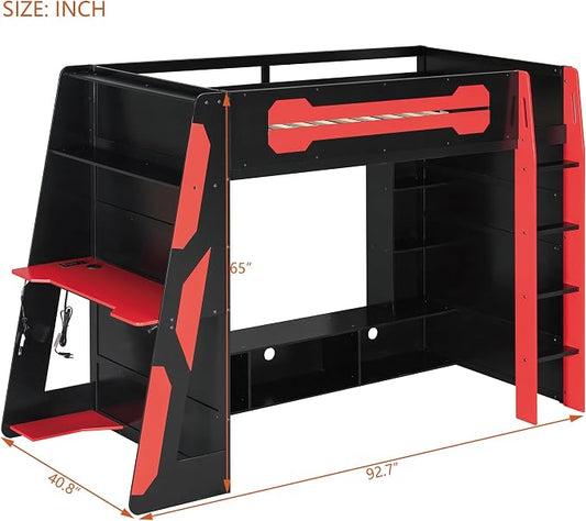 Merax Twin Size Loft Bed with Desk, Multi-Storage Shelves and RGB Light | Space-Saving Wooden Gaming Bed Frame with Charging Station and Guardrail
