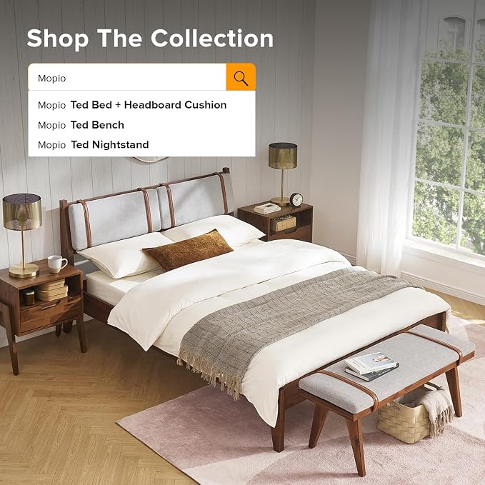 mopio Ted Bed Frame with Headboard, Mid Century Modern Acacia Solid Wood Platform Bed Frame, Wooden Slats, No Box Spring, Double Metal Bar Support (Solid Wood Upholstered, King (U.S. Standard))