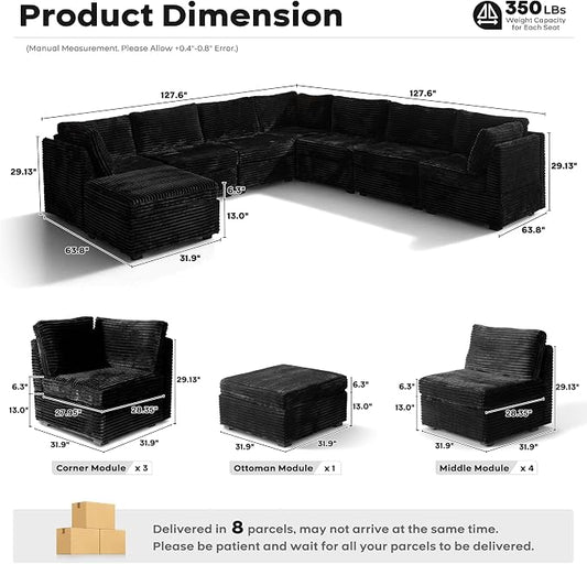 ovios Modular Sectional Sofa Couch with V-Shape Chaise Ottoman, Comfy Plush Corduroy Cloud Couches, Modern Luxury Deep Seat Sofas Set for Living Room, 8-Seater, Black