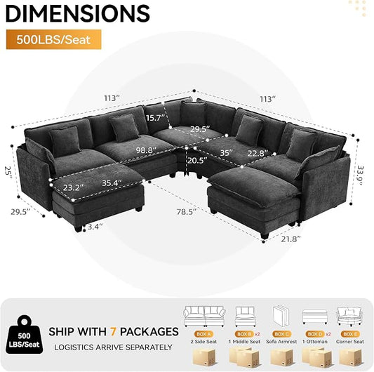 113'' V Shaped Cloud Sectional Sofa, Oversized Deep Seat Couches for Living Room, Chenille Comfy Upholstered Modular Sectional Sofa Couch with 2 Movable Ottoman, Dark Grey