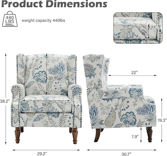 High Back Accent Chair, Fabric Upholstered Armchair Floral Wingback Chair for Living Room, Comfy Single Sofa Bedroom Reading Seat with Solid Wood Legs - Plants Blue