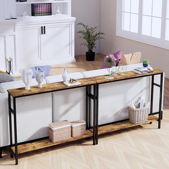 Timberer Narrow Console Table, 39.4” Sofa Table with Adjustable Shelf, 2-Tier Long Skinny Table for Hallway, Entryway, Living Room, Foyer, Rustic Brown
