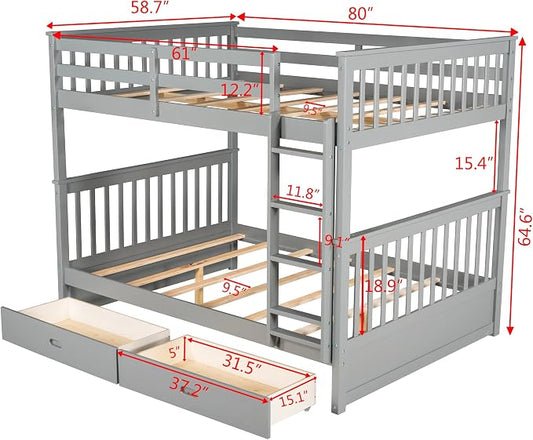 Merax Full-Over-Full Bunk Bed with Two Storage Drawers, Solid Wood Full Size Bunk Bed with Guardrail and Removable Ladder, Can be Converted Into 2 Separate Beds, Grey