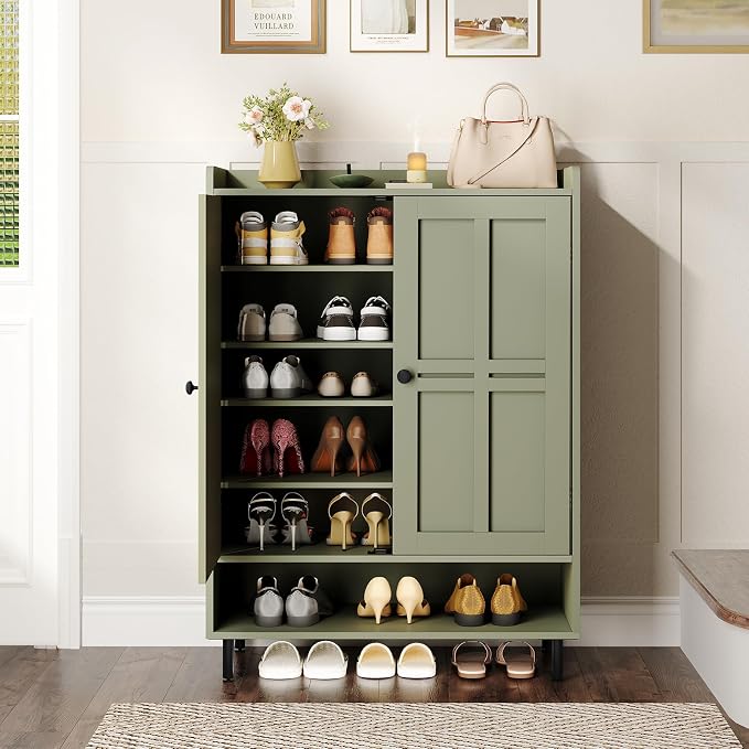 ONBRILL Shoe Cabinet with Cross Molding Doors, 6-Tier Shoe Storage Cabinet with 3 Adjustable Shelves and Metal Legs, 45'' Tall Shoes Rack Organizer Cabinet for Entryway, Front Door, Green