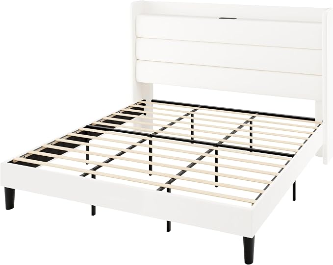 Allewie King Size Upholstered Bed Frame with Charging Station & Storage Headboard, Soft Velvet Wingback Platform Bed, Strong Wooden Slats Support, No Box Spring Needed, Easy Assembly, White